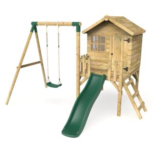 Rebo Orchard Wooden Playhouse, 900 mm Deck, 6 ft Slide – Solar Green
