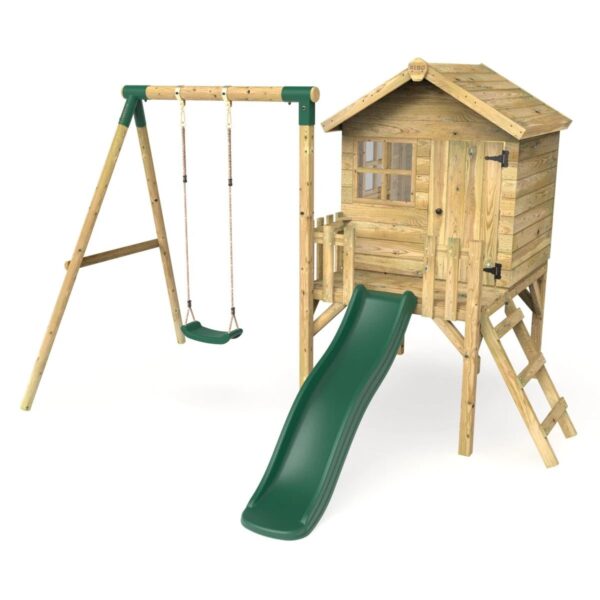 Rebo Orchard Wooden Playhouse, 900 mm Deck, 6 ft Slide – Solar Green