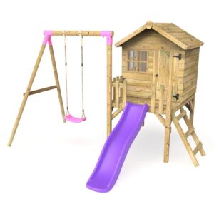 Rebo Orchard Wooden Playhouse, Swings & 6FT Slide – Solar Purple