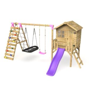 Rebo Orchard Wooden 4FT Playhouse, Rock Wall, Deck & 6FT Slide – Sage Purple
