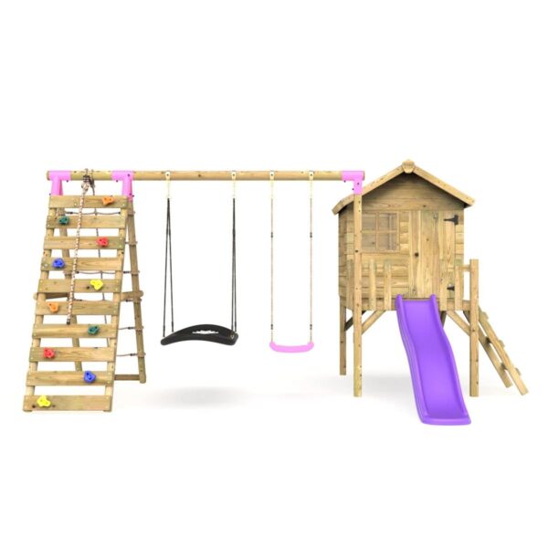 Rebo Orchard Wooden 4FT Playhouse, Rock Wall, Deck & 6FT Slide – Sage Purple - Image 3