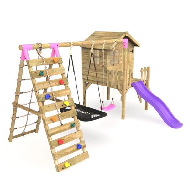 Rebo Orchard Wooden 4FT Playhouse, Rock Wall, Deck & 6FT Slide – Sage Purple - Image 2