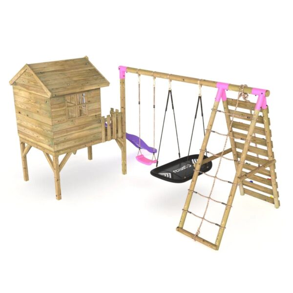 Rebo Orchard Wooden 4FT Playhouse, Rock Wall, Deck & 6FT Slide – Sage Purple - Image 4
