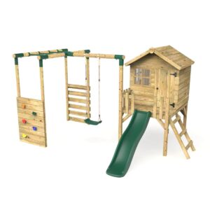 Rebo Orchard  Wooden Playhouse, Monkey Bars, 6FT Slide – Solar Green