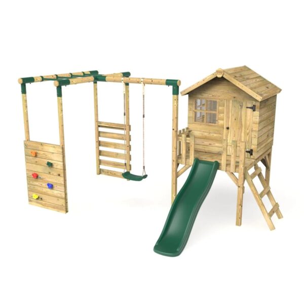 Rebo Orchard  Wooden Playhouse, Monkey Bars, 6FT Slide – Solar Green