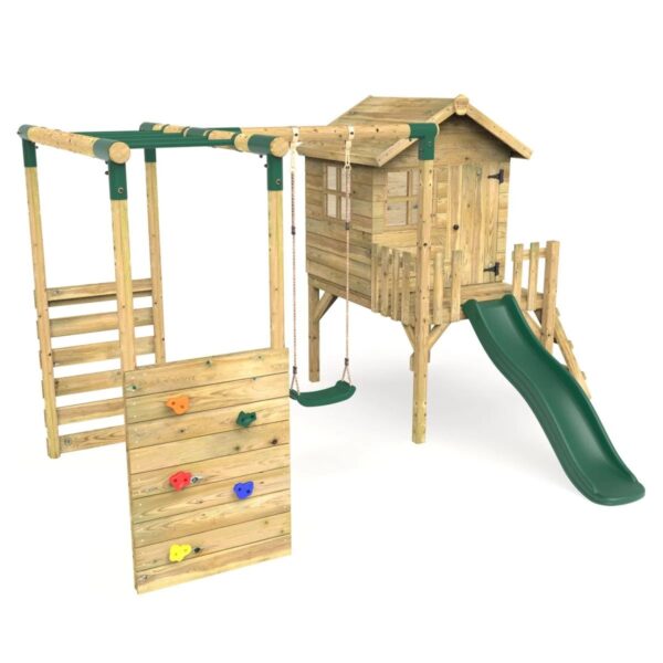 Rebo Orchard  Wooden Playhouse, Monkey Bars, 6FT Slide – Solar Green - Image 3